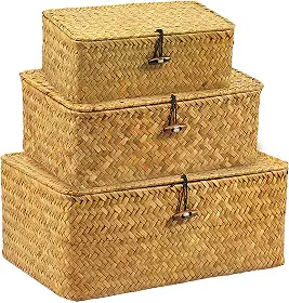3 cestas de armazenamento de vime com tampa, cesta de algas marinhas, cestas de tecido, caixas de armazenamento de vime decorativas, cesta tecida à mão para decoração, banheiro, quarto, cozinha