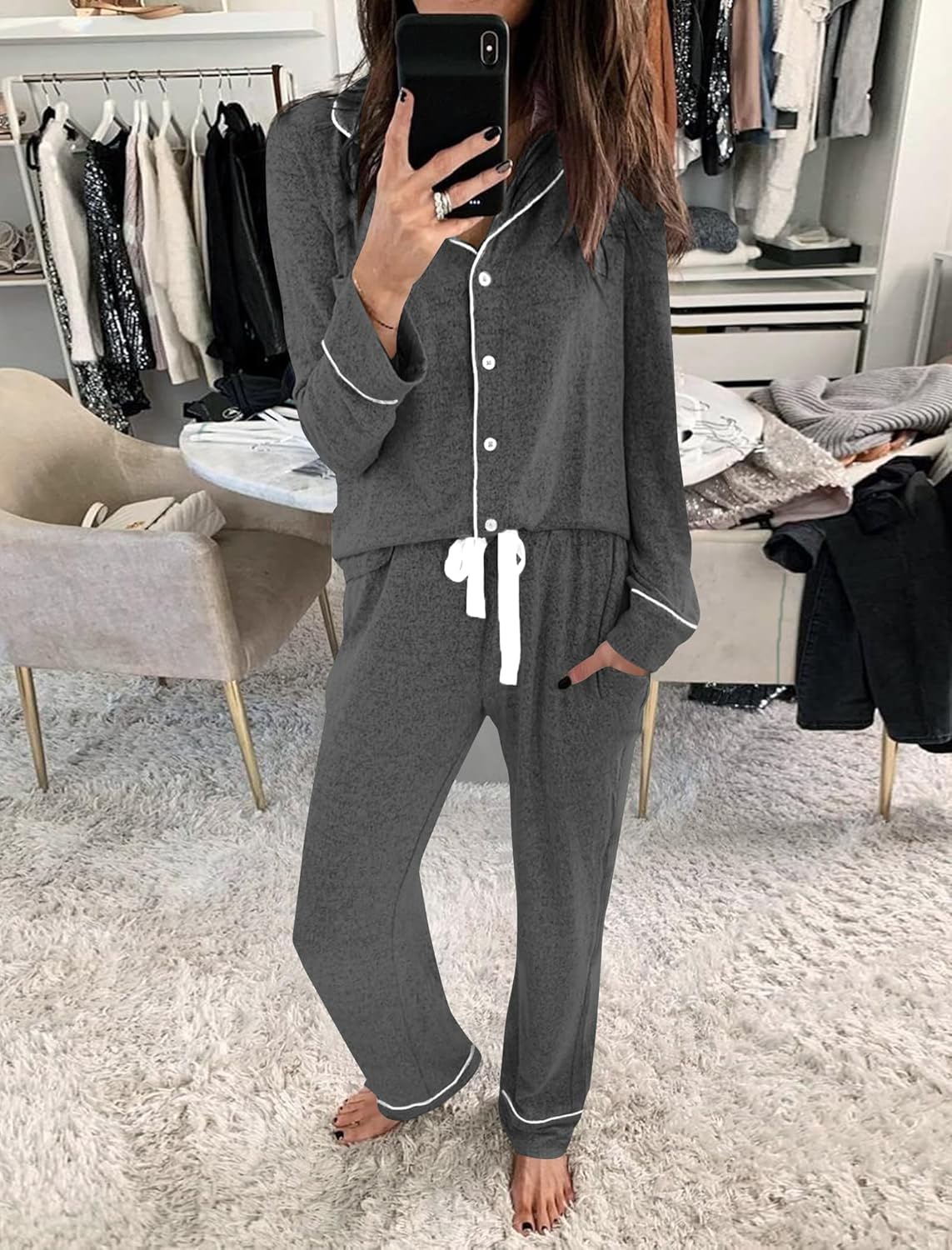 Womens Long Sleeve Pajamas Set Soft Sleepwear Shirt and Long Pants Pj Lounge Sets Button Down Nightwear with Pockets - Image 3
