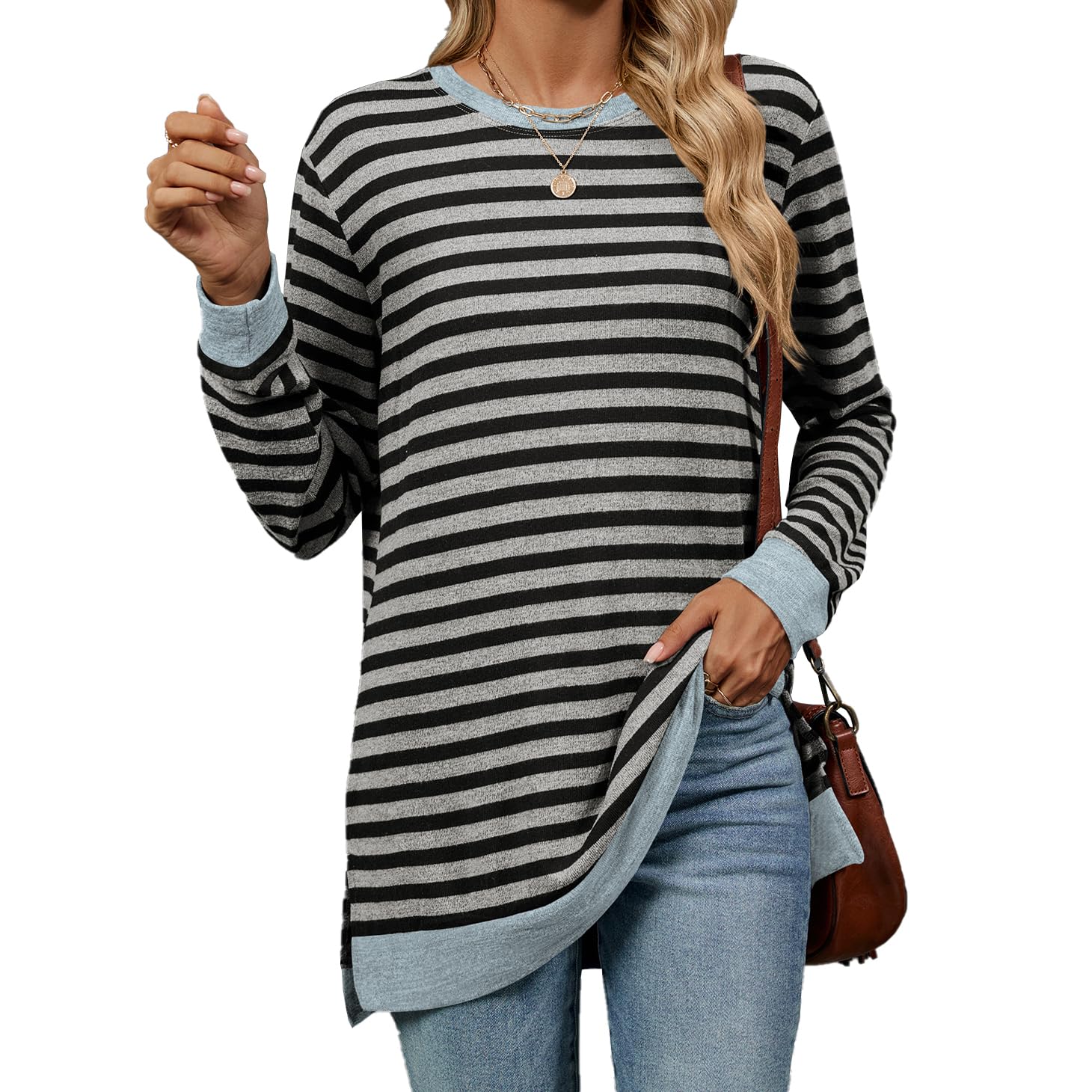 Meow Meow LaceWomen's Crewneck Striped Pullovers Color Block Long Sleeve Side Split Tunic Tops