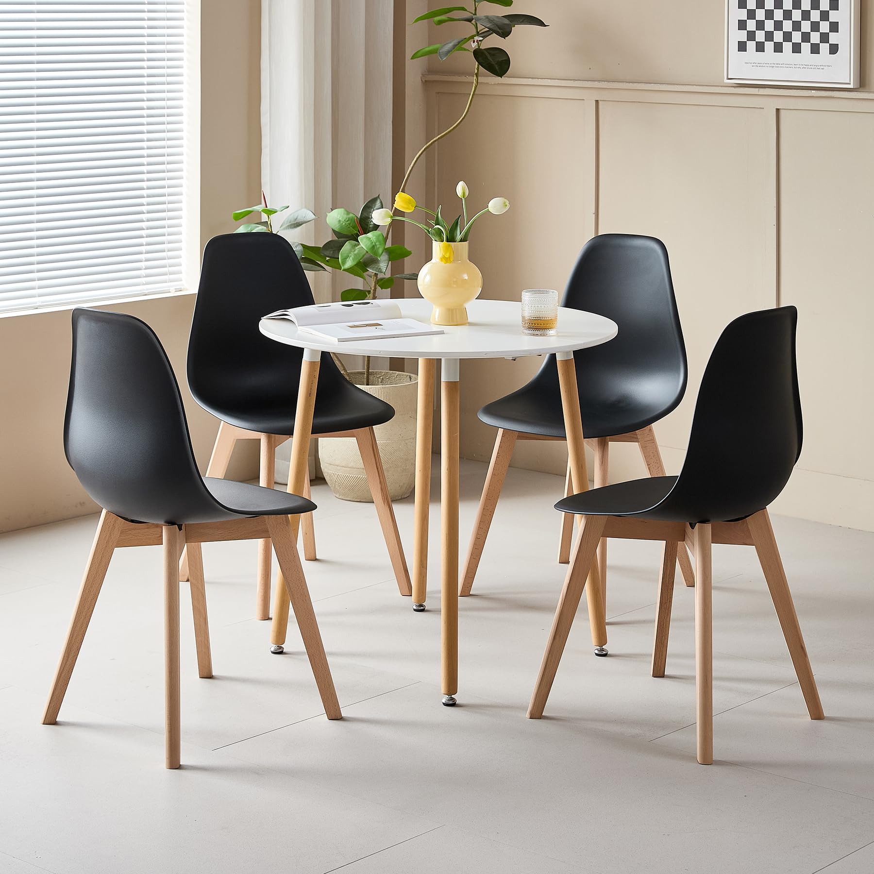 Set di 8 Sedie da Pranzo Moderna Sedia Laterale con Sedile in PP e Gambe in Legno di Faggio ideale per Sala da Pranzo, Cucina, Soggiorno, Camera da Letto (Nero)
