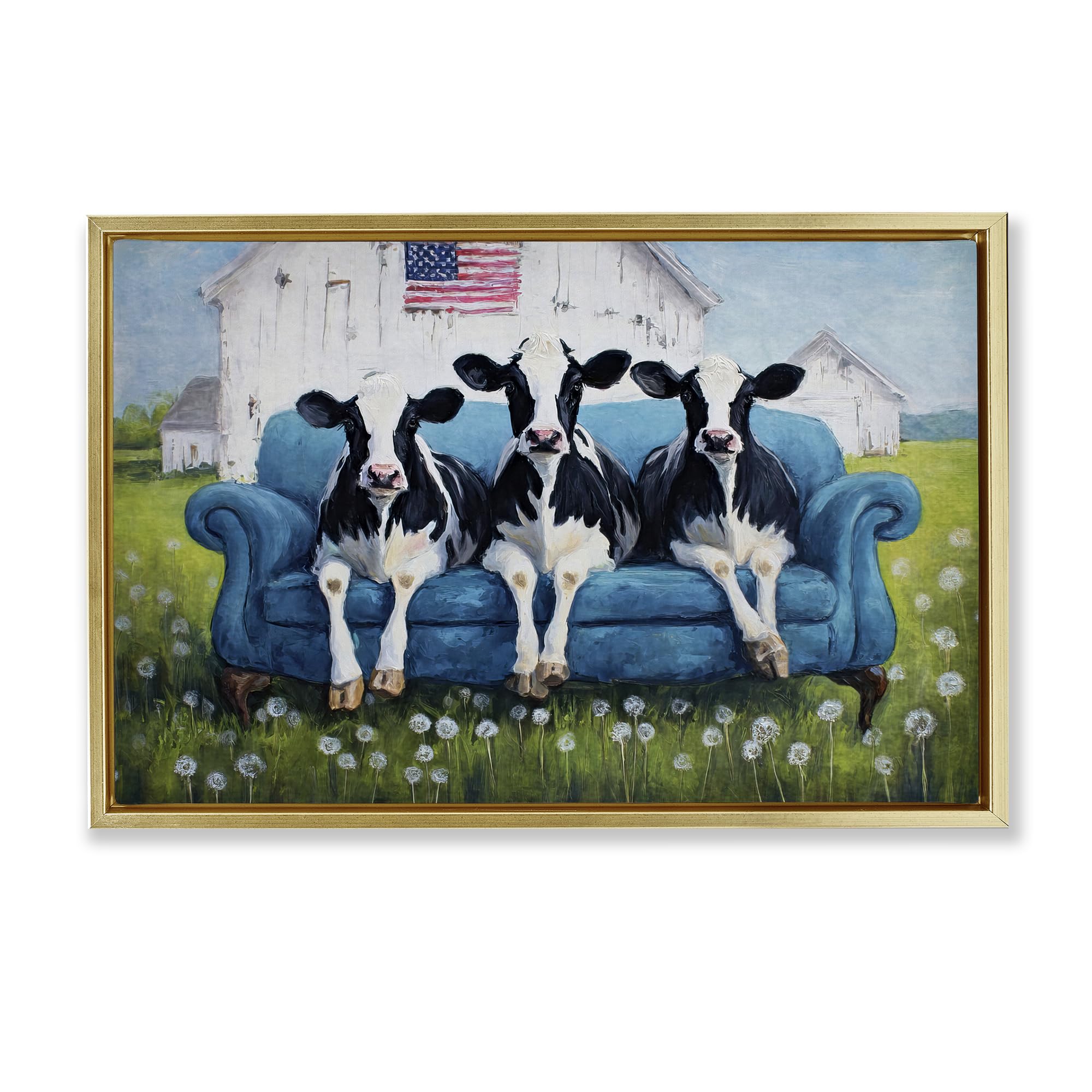 Stupell Industries Metallic Gold (Matte) 'Barnyard Sofa Sisters'| Floating Frame Canvas Art