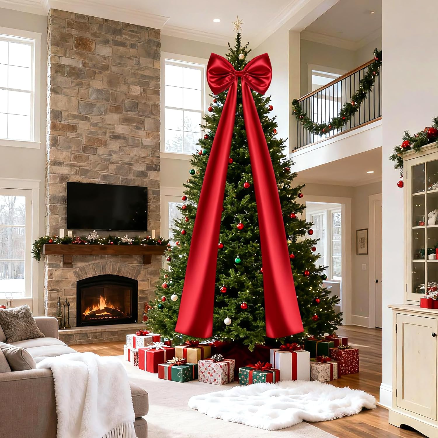 Christmas Tree Topper Bow, 23.6 x 87 Inch Giant Christmas Tree Toppers Satin Bows Christmas Decorations, Christmas Wreath Bows for Home Party Wedding Car Holiday Decor Supplies (87 Inch Red Bow)