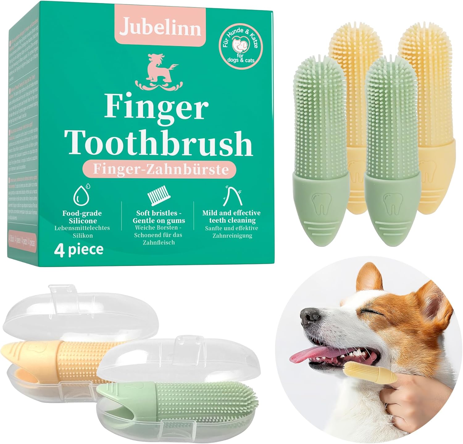 Jubelinn 4X Pet Finger Toothbrush – Soft Silicone Dog & Cat Toothbrush for Plaque Removal – Freshens Breath – Prevents Tartar – Dog & Cat Teeth Cleaning – Dental Care & Hygiene – Orange & Green
