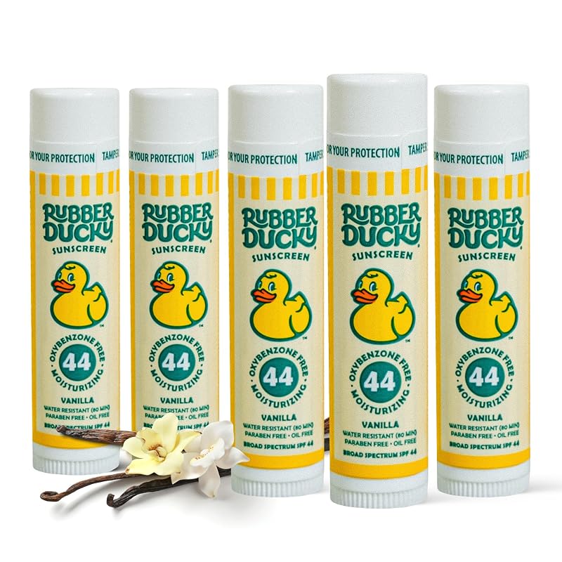 Bálsamo labial Rubber Ducky FPS 44, sem cor, sabor baunilha, com vitamina E, 3 unidades