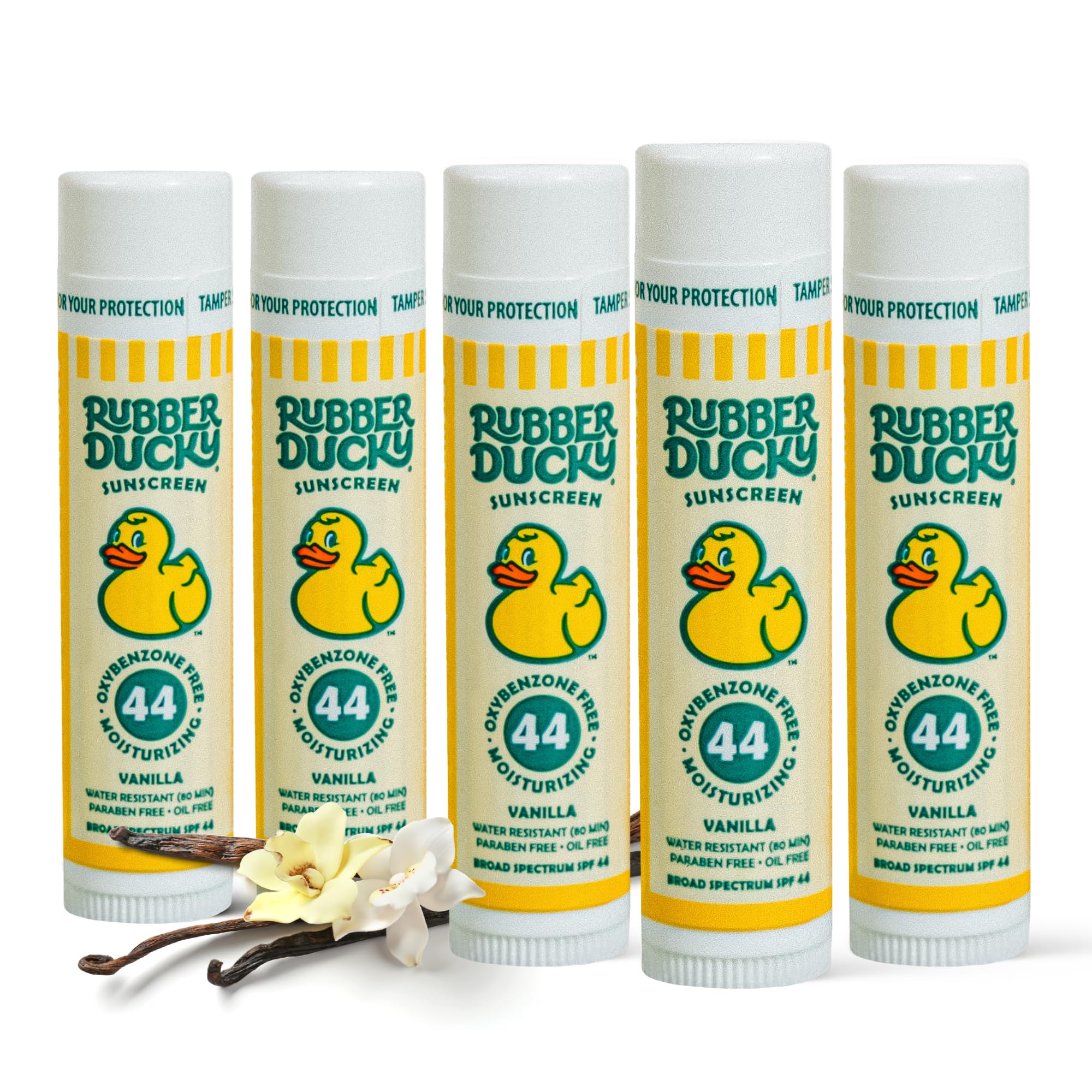 Rubber Ducky - Paquete de 5 bálsamos labiales SPF 44 - Protector solar hidratante con vitamina E para labios - Protección UV de amplio espectro para todas las estaciones - Impermeable 80 minutos