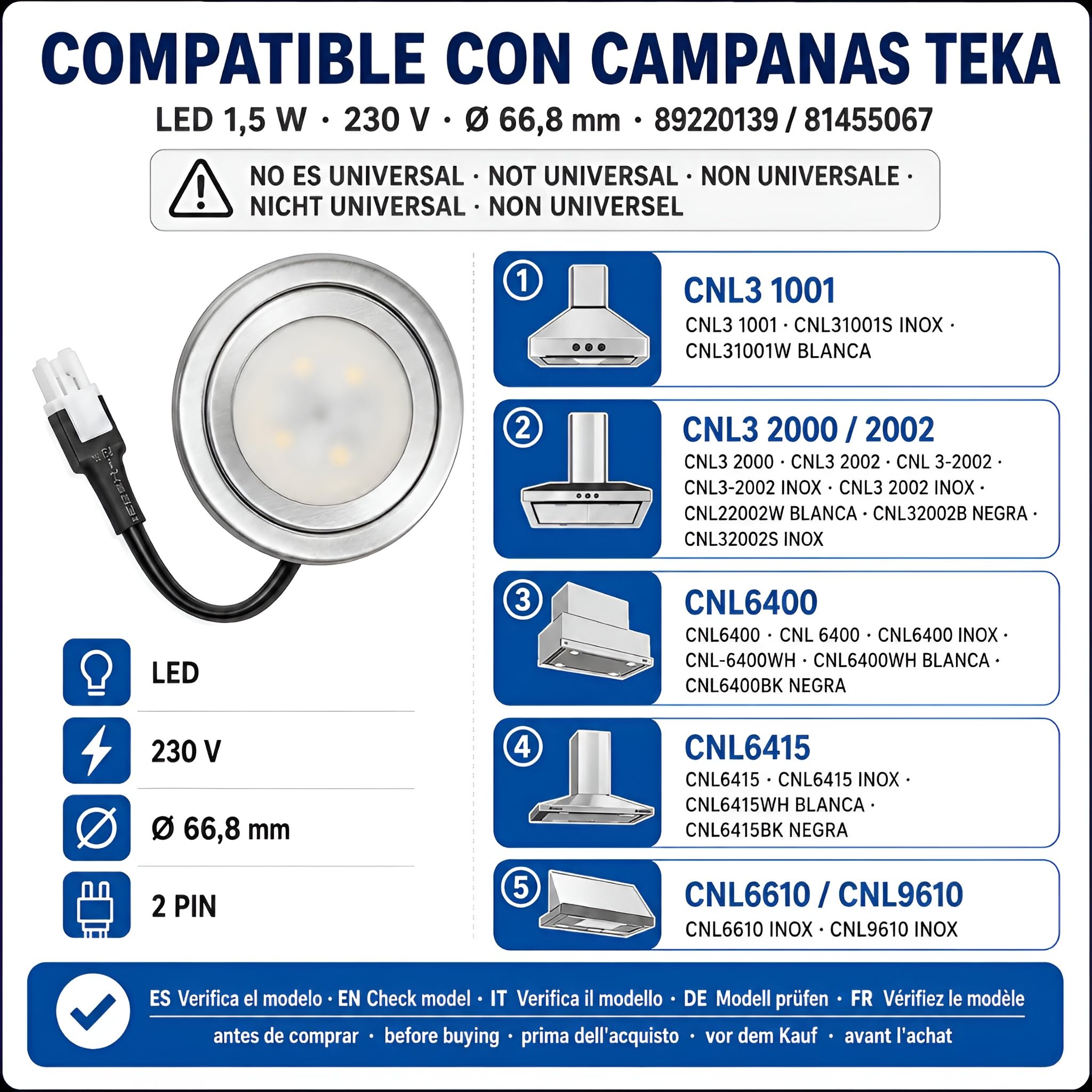 MIRTUX Lámpara Led 1,5 W 230 V para Campanas Teka (SOLO válido para modelos compatibles. Ver en descripción). Códigos originales: 89220139 y 81455067.