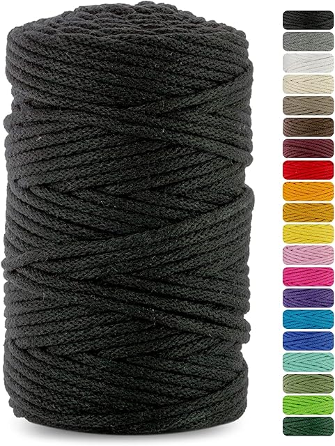 Sznurek bawełniany z rdzeniem bawełnianym, 5 mm, 100 m, sznurek pleciony, sznurek naturalny, bawełniany sztruks, przędza bawełniana, czarny, idealny do makramy, ogrodu, makramy, majsterkowania