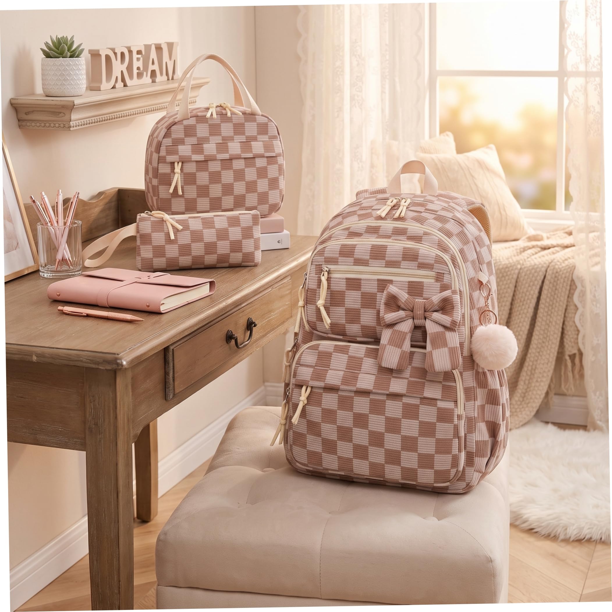 Mochila a Cuadros para niñas de 3 Piezas, Mochila espaciosa de Pana con Fiambrera