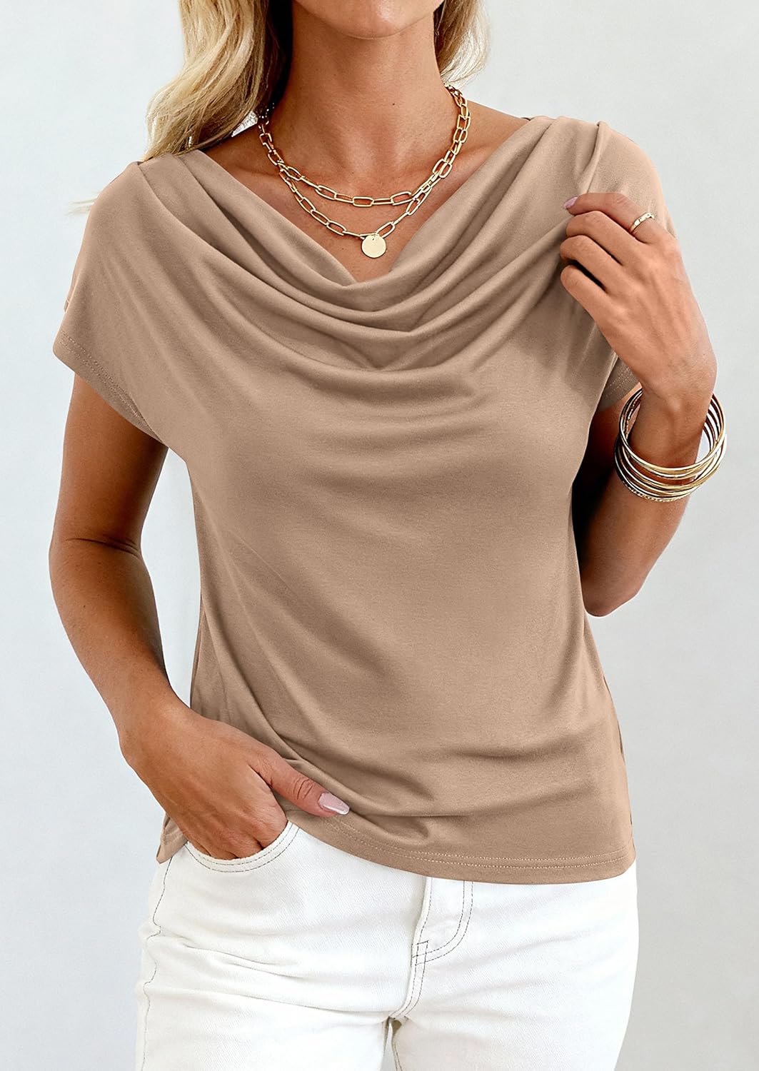 PRETTYGARDEN Womens Tops Dressy Casual Clothing 2026 Summer Cowl Neck Short Sleeve Blouses Spring Business Work Office Shirts - Image 5