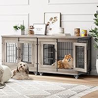 Vista 22 de Mueble de jaula para perros con cojín, perrera de madera para interiores con puertas dobles, jaula para perros con ruedas, mesa auxiliar lateral