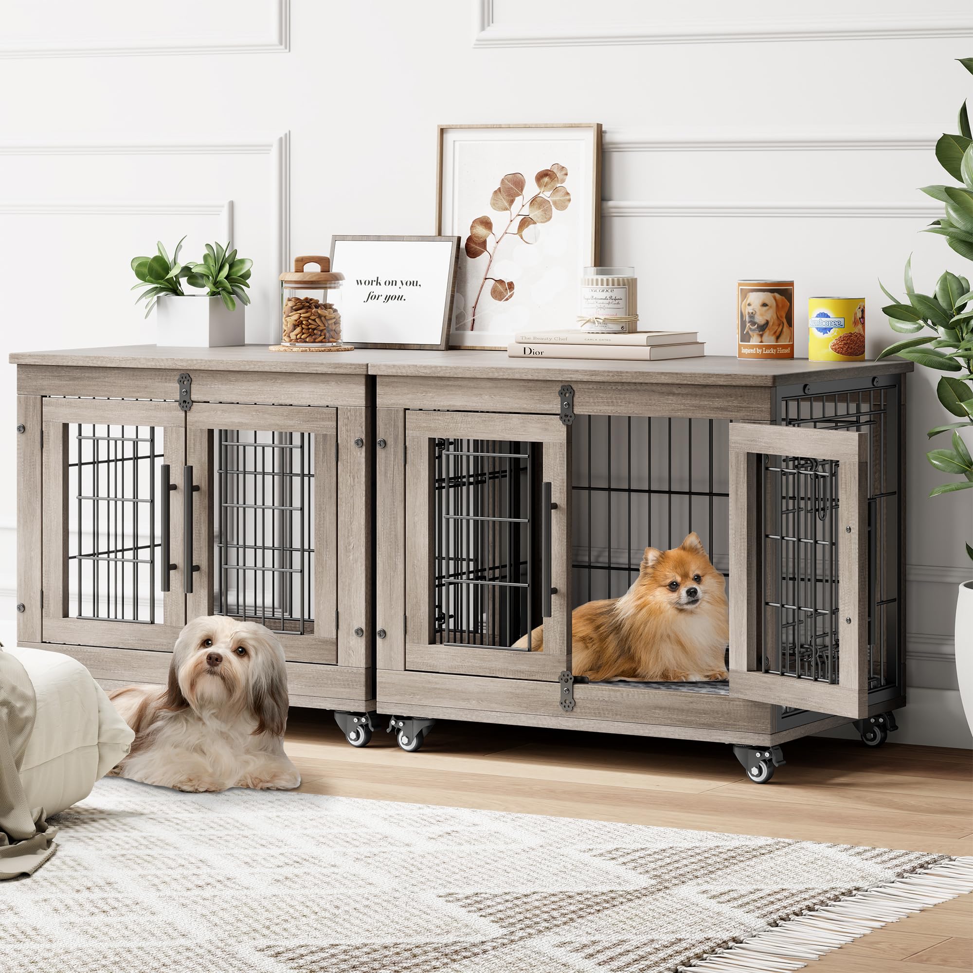 YaFiti Dog Crate Furniture with Cushion Set of 2, Wooden Dog Kennel Indoor with Double Doors, Dog Cage with Wheels, Dog House Side End Table for Small