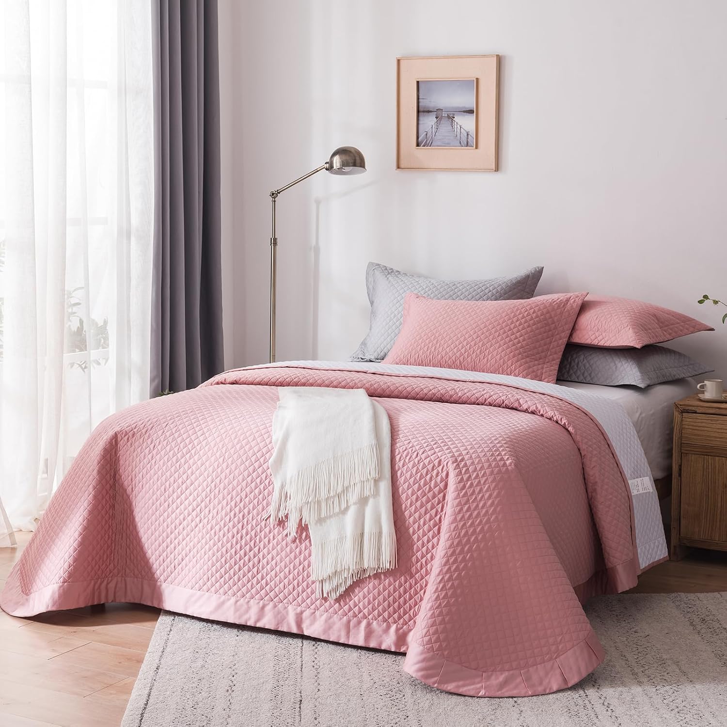 vctops Full/Queen Size Quilt Set 3 Piece Cotton Plaid Quilted Bedding Set Soft Lightweight Reversible Coverlet Bedspread with 2 Pillow Shams, All Season (Grey,90"x96")