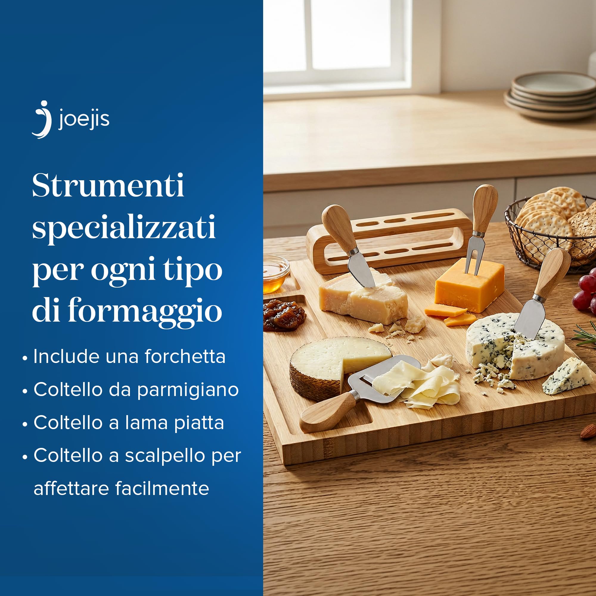 joeji's Kitchen Tagliere per Formaggi Aperitivo in Legno di Bambù - Set formaggio e coltelli con Quattro Utensili - Regali di Natale, regali di inaugurazione della casa, regali di anniversario