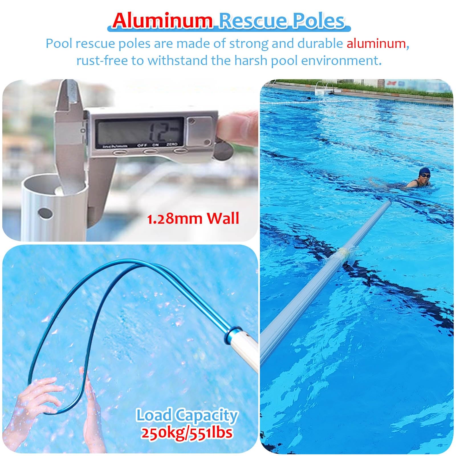 Poste de Rescate para Piscina, Poste Salvavidas de Emergencia para Piscina - Telescópico de 3 a 3,6 m, Resistente, con Gancho de Seguridad Ajustable para Adultos y niños, Equipo de Rescate m