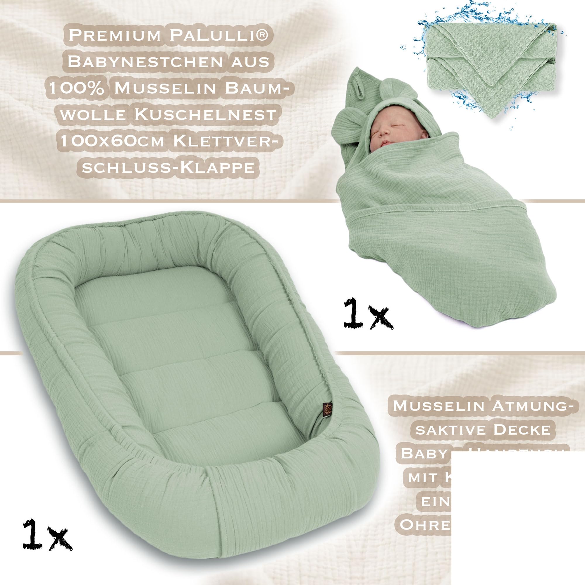 PaLulli® 2-stronne muślinowe gniazdo niemowlęce z chustką, oddychający muślin – ręcznik z kapturem i wszytymi uszami, 100% muślinu Oeko Tex, przytulne gniazdo kokon do łóżeczka dziecięcego (szałwia