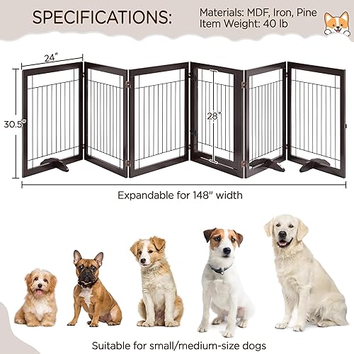 Miniatura 5 de Yaheetech Puerta extra ancha para mascotas de 148 pulgadas con puerta independiente, 6 paneles de madera para perros, para puertas, valla plegable