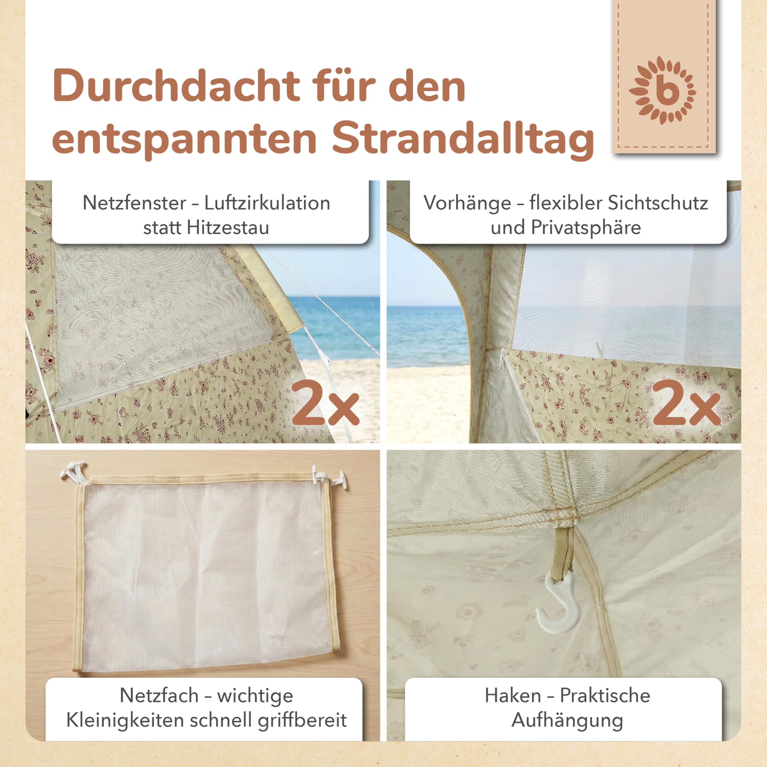 Bieco Strandmuschel Pop Up XXL – Quick-Up Strandzelt Schnellaufbau mit UV Schutz 80+ – Sonnenschutz & für Baby, Kinder & Familie – Automatik Zelt 3–4 Personen – Vintage Flowers