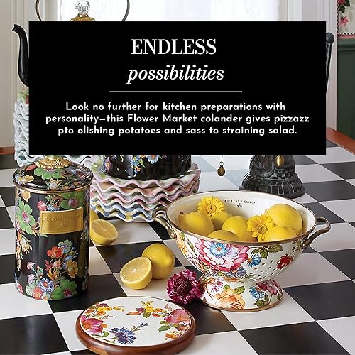 Miniatura 2 de MACKENZIE-CHILDS Colador de esmalte, colador decorativo de cocina, grande, mercado de flores blancas
