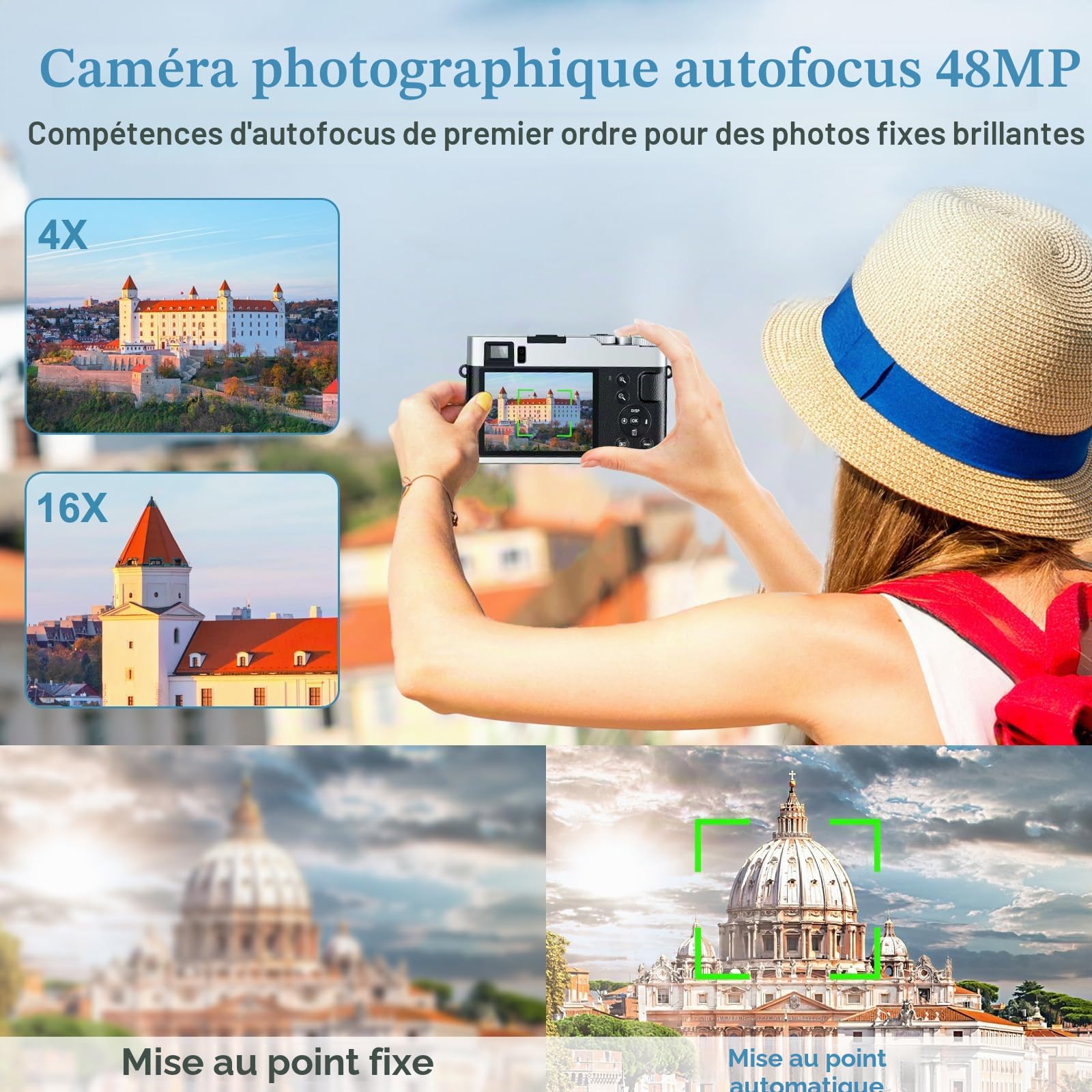 Appareil photo numérique 4K avec viseur optique, mise au point automatique 48 MP, zoom numérique 16X, stabilisation d'image, flash intégré, carte 32 Go et 2 batteries