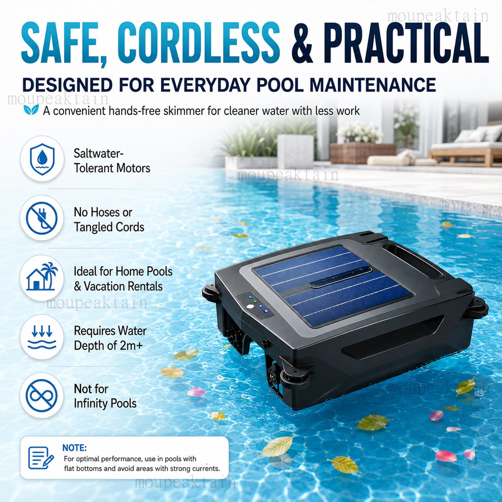Robot Skimmer Solar para Piscinas, Skimmer Piscina Sin Cable para Hojas E Insectos, Control por App, 2 Modos De Velocidad, Cesta De 4,1L, Detección por Radar, para Piscinas De hasta 80m²