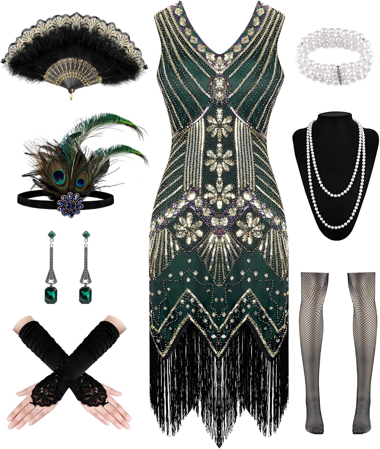 1920s Dresses for Women, Flapper Dress Lace Fan Feather Headband Sequins Beads Fringes 20s Accessories Vintage Mafia Costume