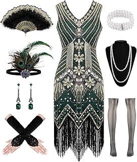 1920s Dresses for Women, Flapper Dress Lace Fan Feather Headband Sequins Beads Fringes 20s Accessories Vintage Mafia Costume
