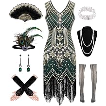 1920s Dresses for Women, Flapper Dress Lace Fan Feather Headband Sequins Beads Fringes 20s Accessories Vintage Mafia Costume