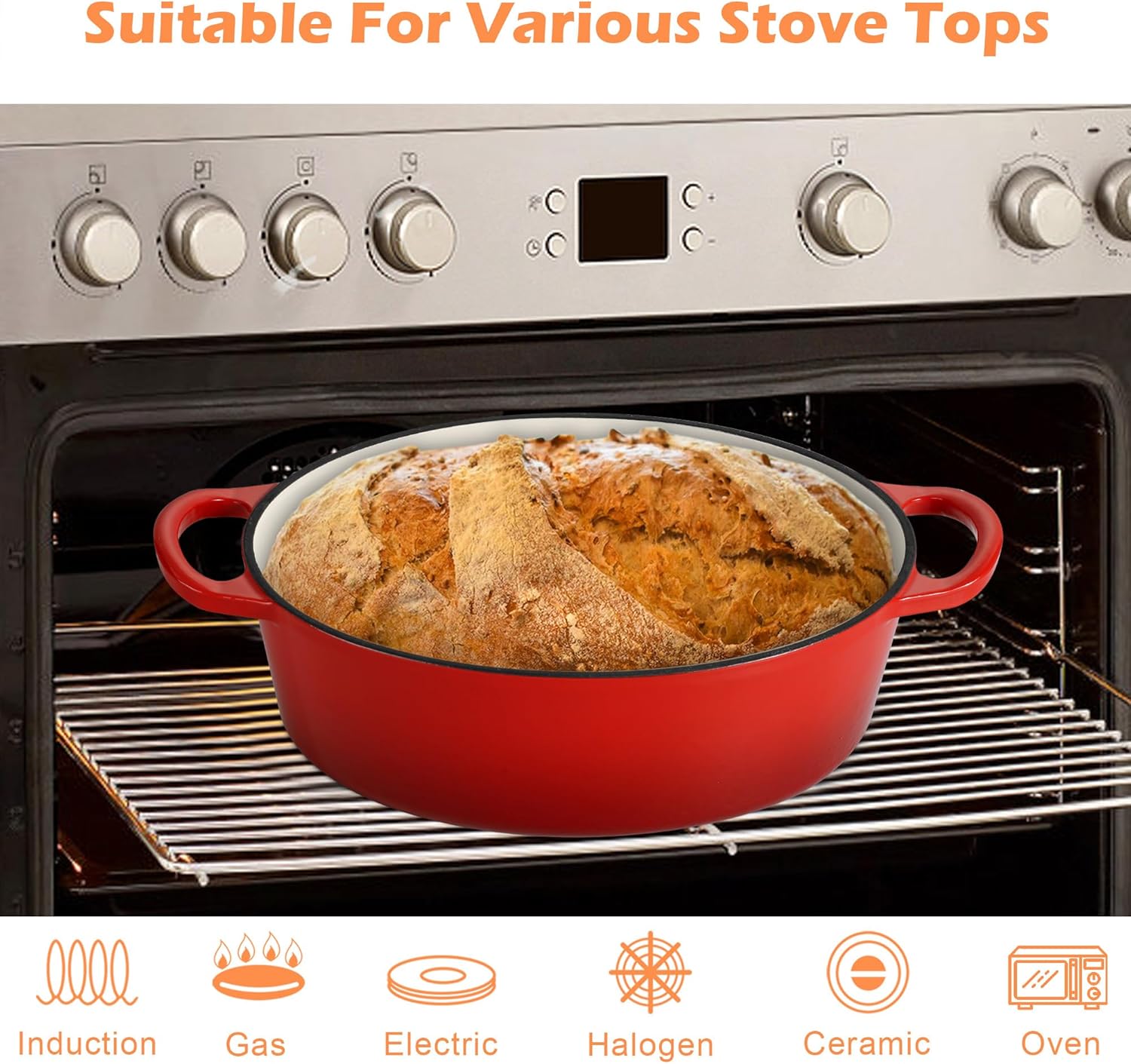 TeamFar 7QT Oval Dutch Oven, Enameled Cast Iron Dutch Oven Pot with Lid, For Bread Baking/Stewing/Braising/Frying, Suitable for Various Stoves, Non-stick & Easy Clean, Red