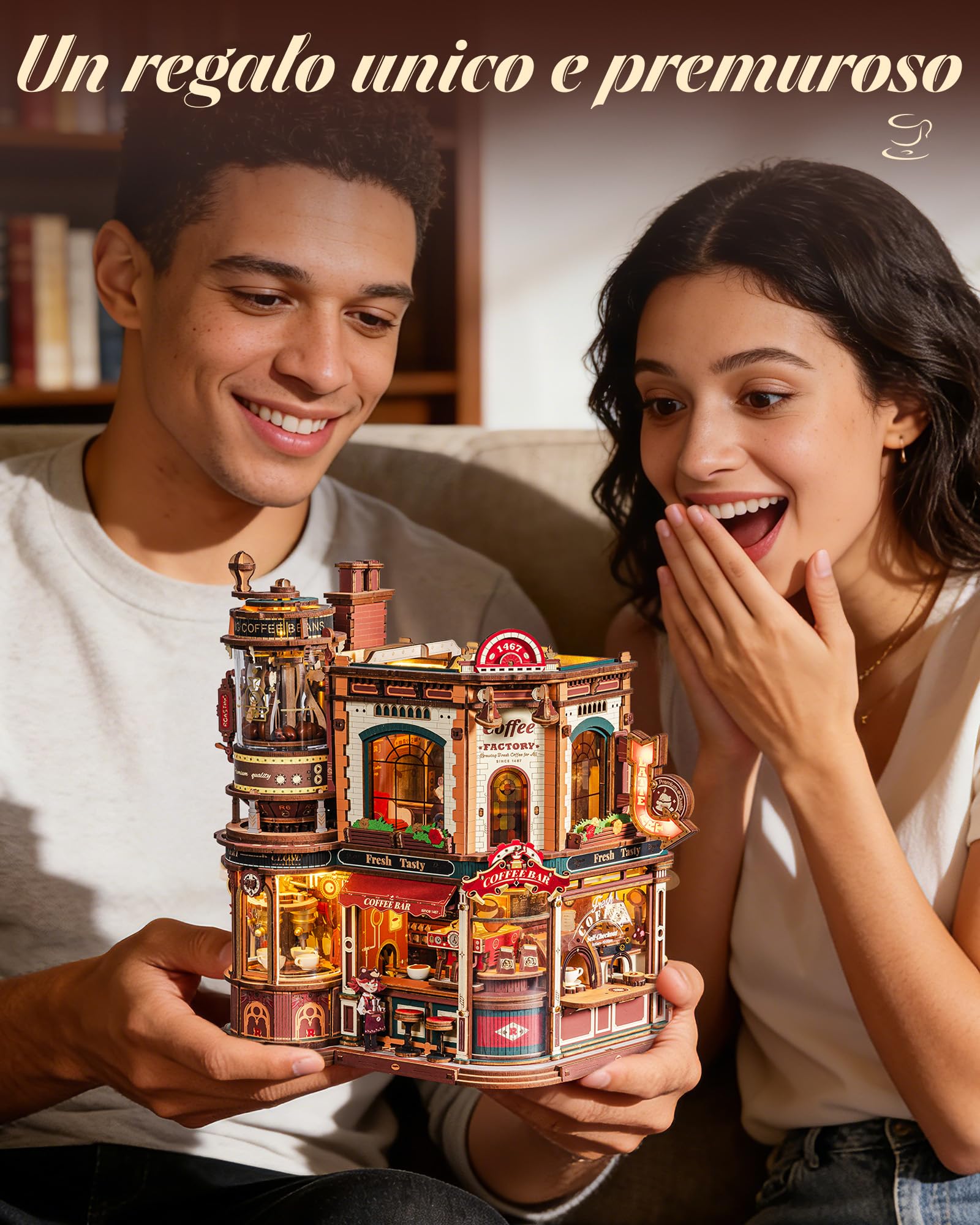 ROKR Dream Coffee Factory EAB02 Casa delle Bambole Miniatura DIY con Carillon per Adulti, Modello Meccanico con Parti Mobili, Luci LED e Musica Jazz, Regalo Creativa