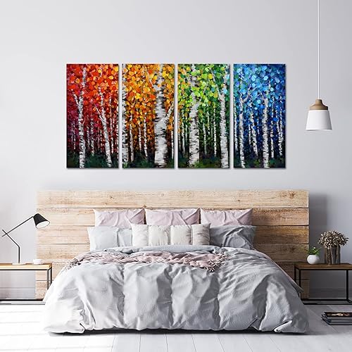 Miniatura 4 de 4 piezas de lienzo grande de 4 estaciones, arte de pared de árbol de abedul, ramas modernas, pintura al óleo, hojas de otoño, impresiones de