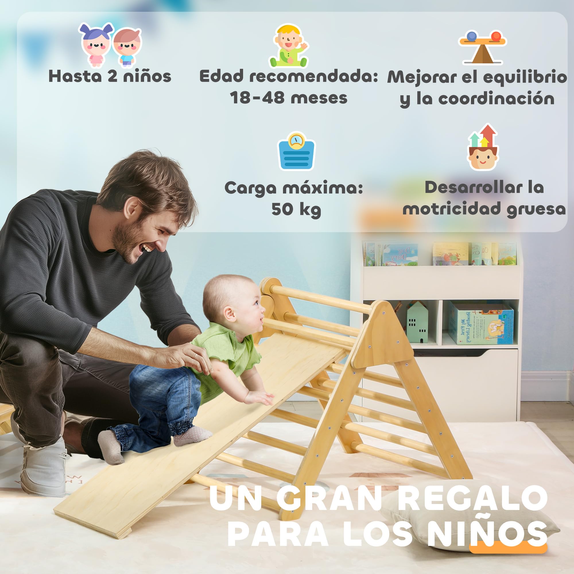 AIYAPLAY Triángulo de Escalada de Madera 4 en 1 Montessori Escalada para Niños de 18-48 Meses con Rampa Juego de Escalada de Arco para Deslizarse o Trepar 219x72,5 cm Natural