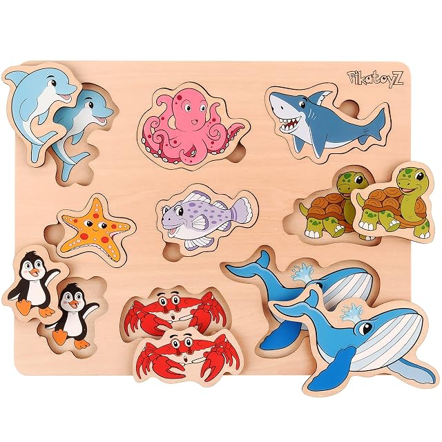 PikatoyZ® Juguetes Montessori para Bebés de 1 Año, 2 y 3 Años. Puzzle de Madera Juegos Educativos con Rompecabezas de Animales Marinos.