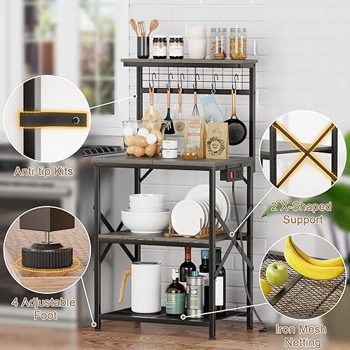 Miniatura 5 de Furologee Estante para hornear de cocina con toma de corriente, estación de barra de café con almacenamiento de 4 niveles, soporte para horno de