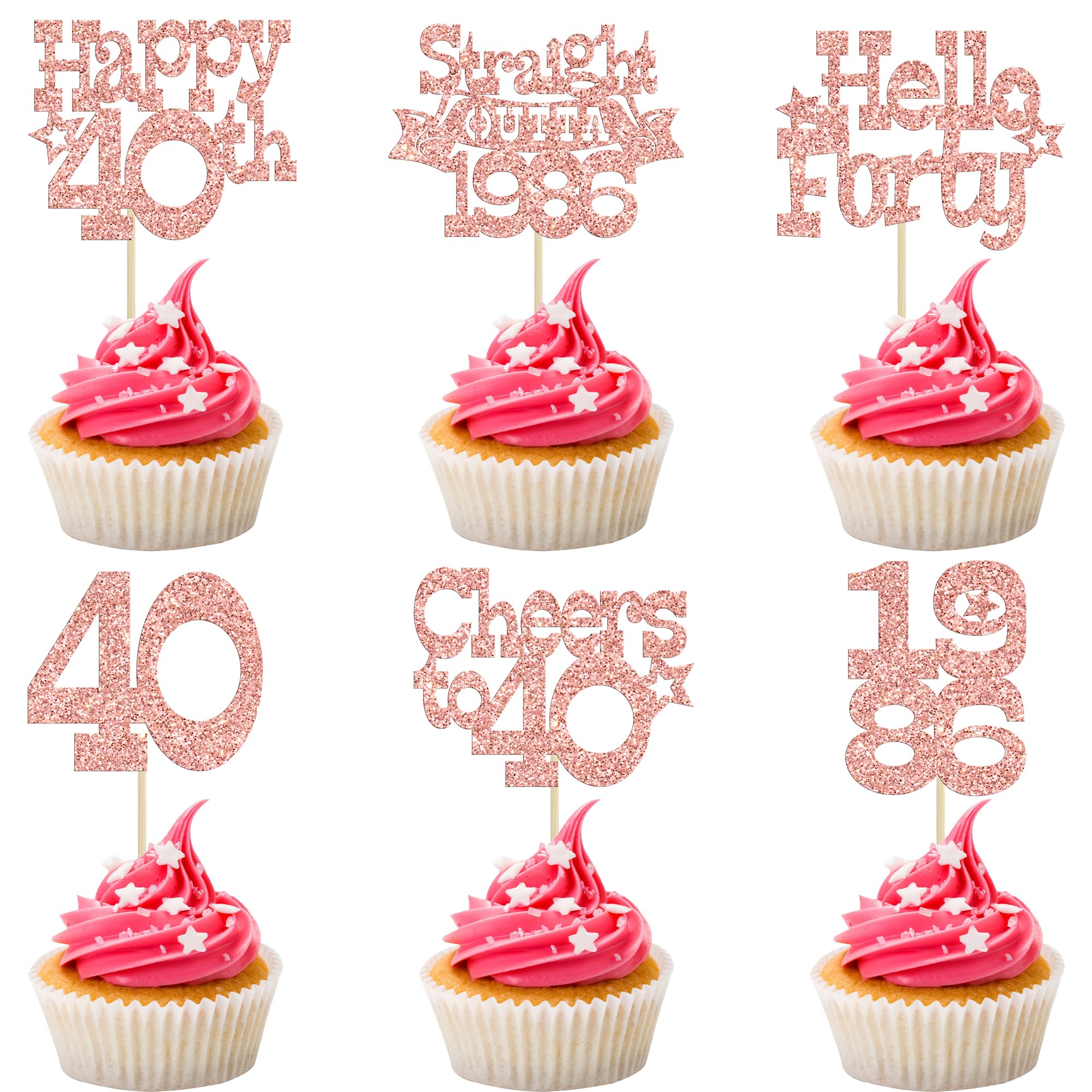Ephlyn 30Pcs Happy 40th Birthday Cupcake Toppers Glitter Forty Straight Outta 1986 Cupcake Picks Cheers to 40 Years Cake Decorations for Happy 40th Birthday Anniversary Party Supplies Rose Gold
