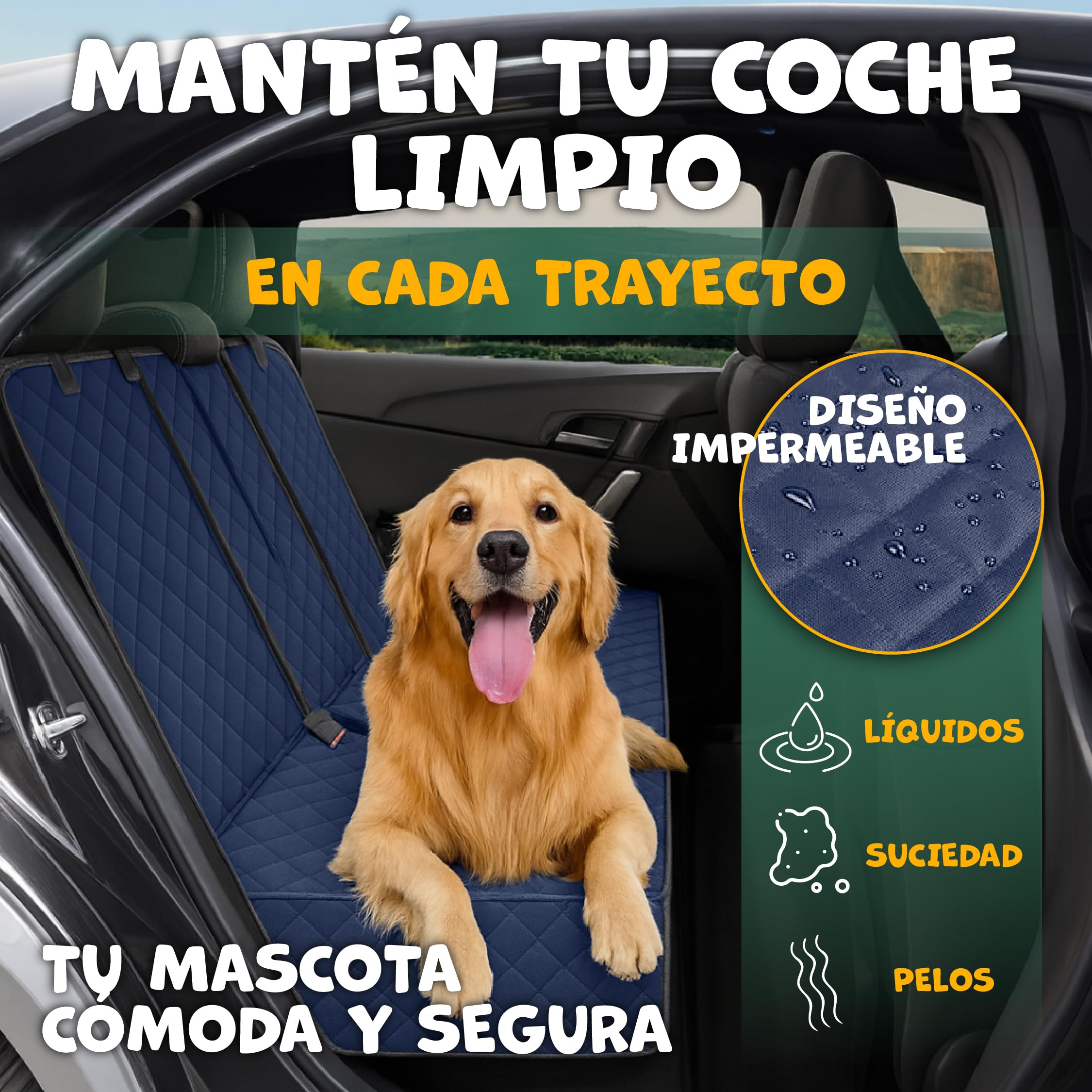 Funda Coche Perro Azul Impermeable + 2 Cinturones
