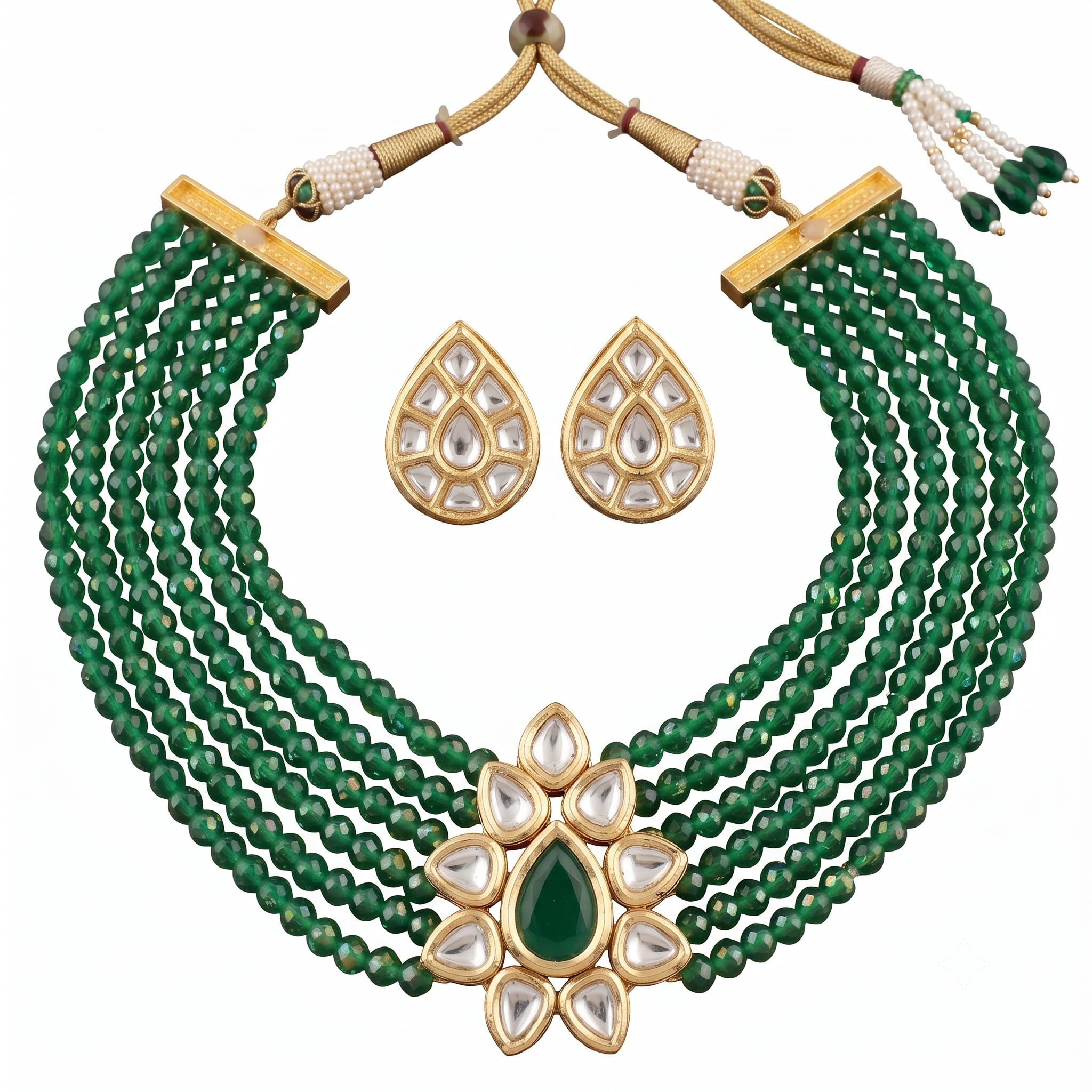 Heritage Gem Crafts Kundan Green Bead Choker Necklace with Earrings|Emerald choker beads | Multistrand Indian ornament | Polki style jewellery | Ethnic wedding adornment | Designer party accessory | Regal female neckpiece | Traditional festive finery | Handcrafted bridal attire | Antique gold styling | Statement gemstone ensemble-image-47