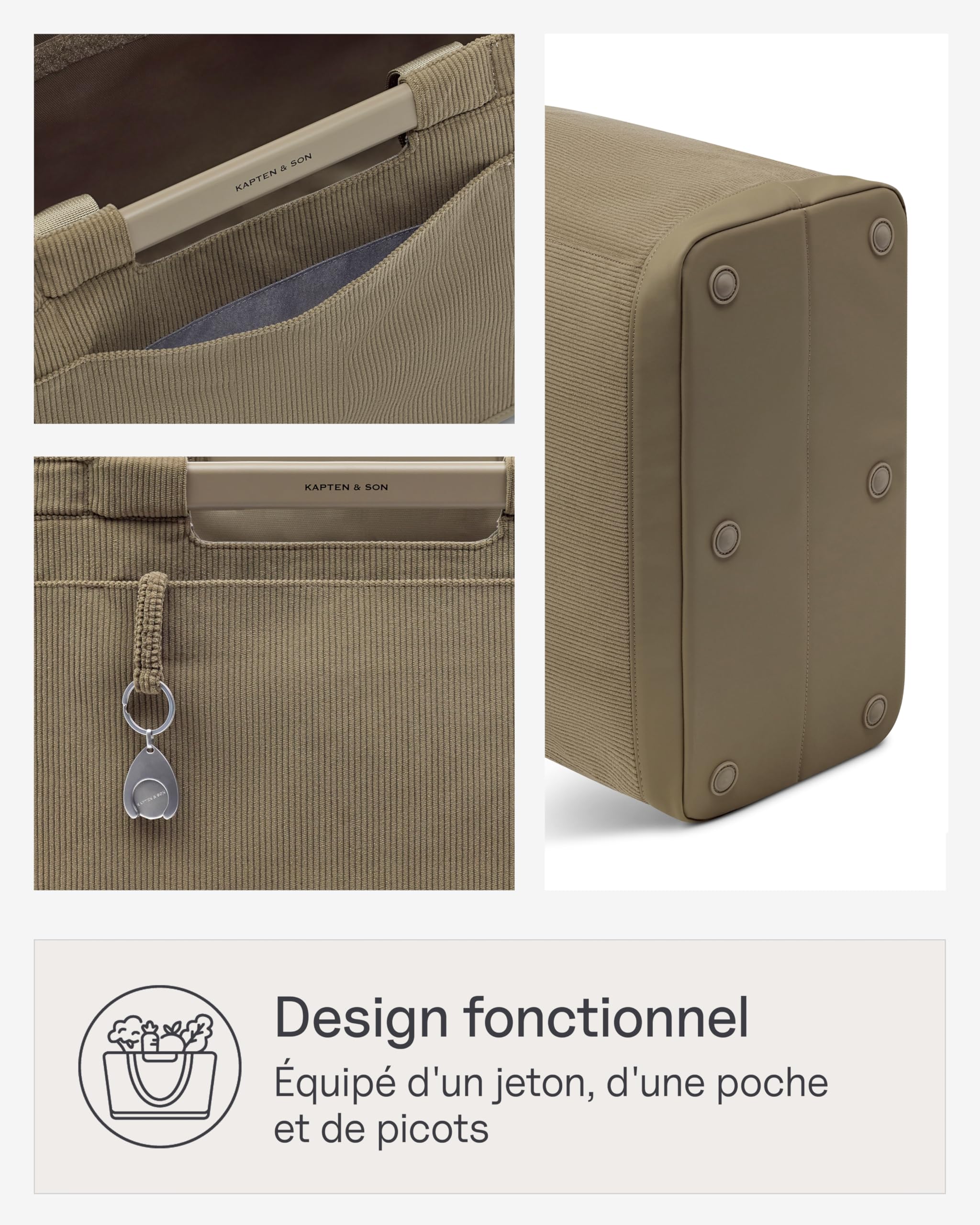 Kapten & Son Vaasa Panier de courses en velours côtelé kaki 25 l | Cabas courses | Avec jeton de chariot et compartiment magnétique | Matériau intérieur lavable | Compagnon élégant au quotidien