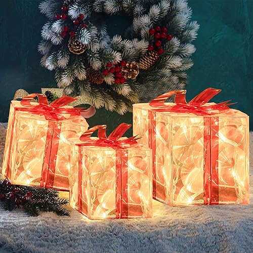 Miniatura 6 de FUNPENY Juego de 3 cajas de regalo de Navidad con 60 luces LED, caja de Navidad con luz blanca cálida transparente, cajas de regalo con lazos rojos