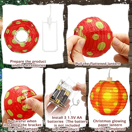 Miniatura 4 de 10 linternas de papel de Navidad, luces LED rojas y verdes, 8.2 pies, adorno colgante de Navidad para decoración del árbol de Navidad, hogar,