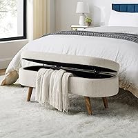 Vista 6 de Banco de almacenamiento ovalado, banco tapizado de tela de lino con patas de madera maciza para lado de la cama, entrada, sala de estar, beige