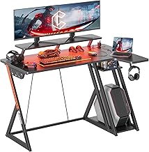 CubiCubi Aurora Gaming Desk with LED Lights & Power Outlets, 47 inch L Shaped Carbon Fiber Surface Desk with Storage Shelves, Small Corner Computer Desk with Monitor Shelf, Gamer Desk PC Table, Black