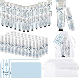 Loopeer 50 Sets Coastal Baby Shower Hand Cream Party Favors Beach Ocean Seashell Themed Hand Cream Lip Balm with Thank You Cards Organza Bags Appreciation Gifts for Summer Travel Vacation Supplies