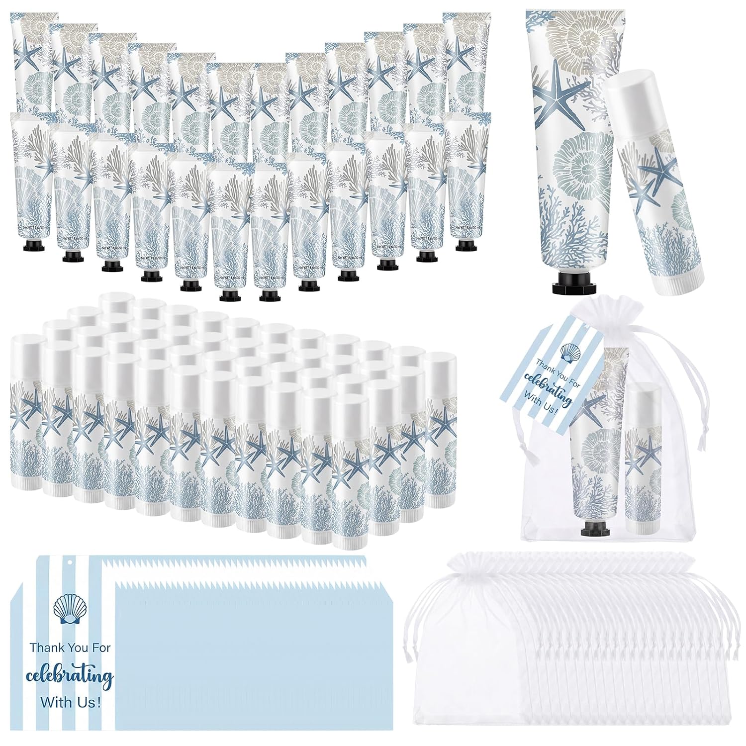 Loopeer 50 Set / 200 Pcs Coastal Baby Shower Favor Bulk Hand Cream Party Favors Beach Ocean Seashell Themed Hand Cream Lip Balm with Thank You Cards Organza Bags Appreciation Gifts for Summer Supplies