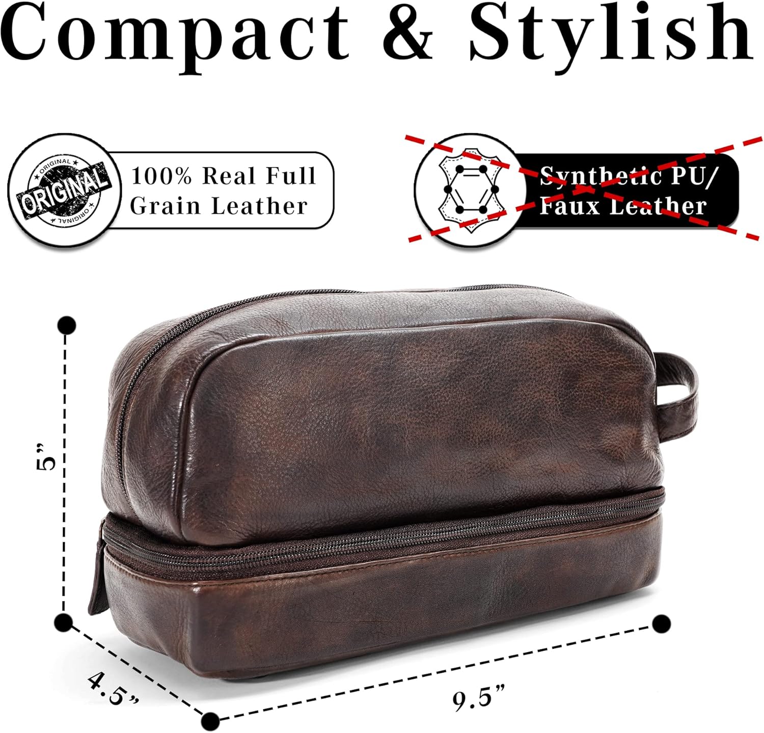 Premium Handmade Leather Toiletry Bags for Men and Women, Genuine Leather Dopp Kit and Shaving Bag for Men, Travel Cosmetic Bag for Women's and Men's, Retro - Cognac
