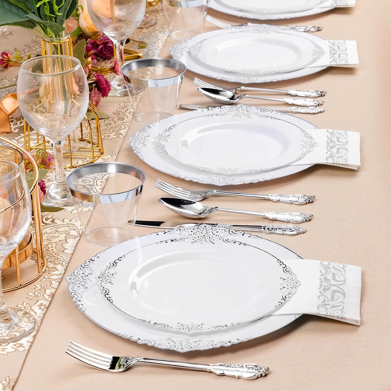 350PCS Silver Plastic Plates for 50 Guests, Disposable Dinnerware Set Includes 100 Disposable Plates, 150 Silver Silverware, 50 Cups, 50 Napkins for Party & Wedding - Image 7