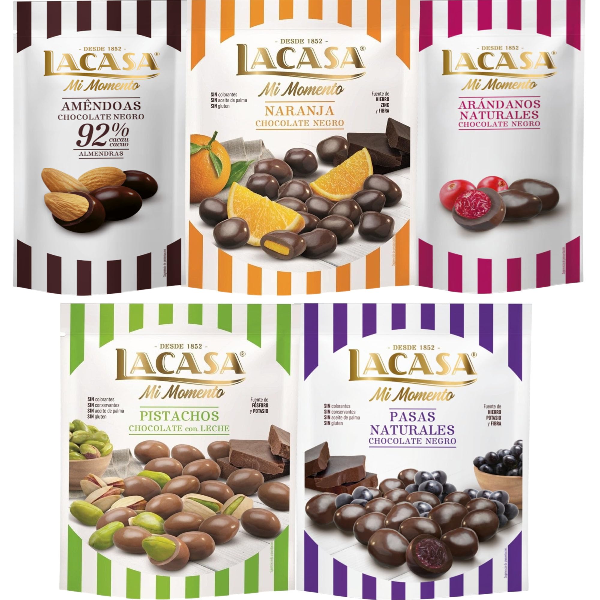 Lacasa Mi Momento pack de 5:Arándano Chocolate Negro ,Almendra 92% ,Pasas Chocolate Negro ,Naranja Chocolate Negro ,Pistacho Chocolate Leche