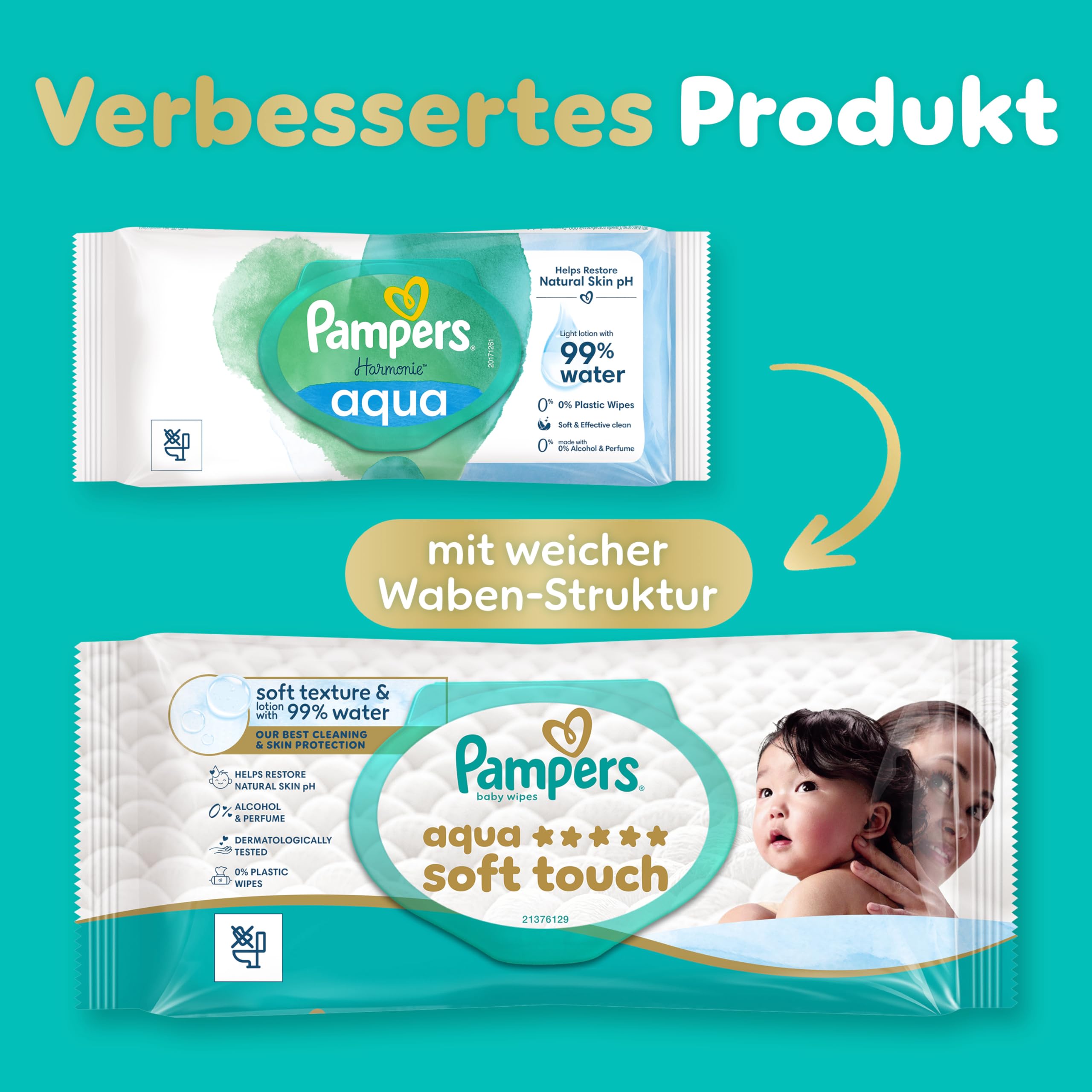 Pampers Aqua Soft Touch Baby-Feuchttücher, 24 Packungen mit 48 Feuchttüchern - 1152 Baby-Feuchttücher, weiche Textur und Lotion mit 99 Prozent Wasser