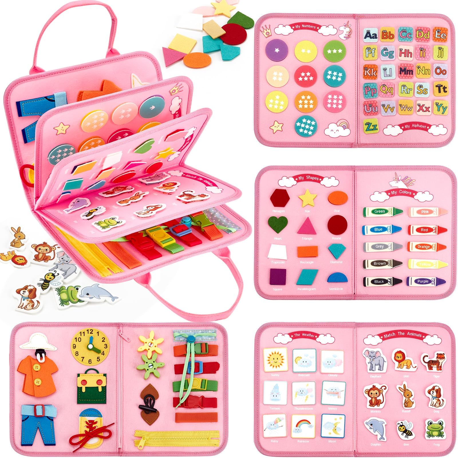 hahaland Activity Board Montessori Toy, 7 in 1 Busy Board, Motor Skills Toy and Learning Toy Developing Sensory Fine Motor Skills, Busy Book for Travel, Car Drive, Gift Girls 3 Years (Unicorn)
