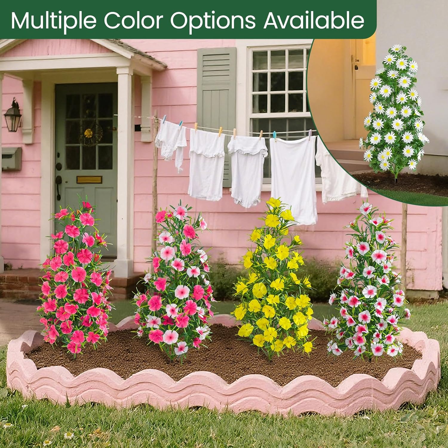 4 Pack Artificial Topiary Trees with Ground Spike for Outdoor, 19" Faux UV Resistant Shrubs with Flowers, Realistic Artificial Fake Bushes Plants for Home Garden Yard Porch Patio Decor (White)