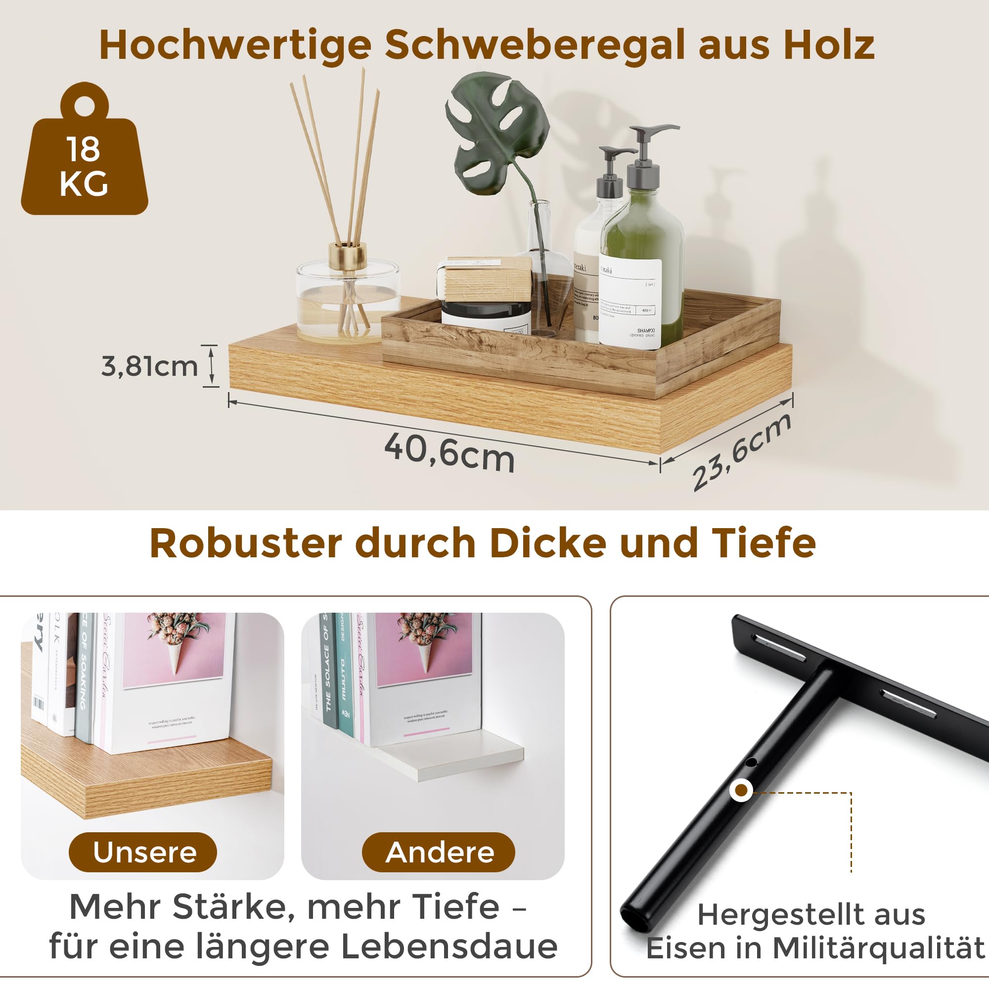Feihorrm Wandregal Holz, Extra Breit 23,5 cm, 40cm Wandboard Eiche Regal 2er Set, Schweberegal, Regalbrett für Küche, Arbeitszimmer, Badezimmer, Schlafzimmer und Wohnzimmer